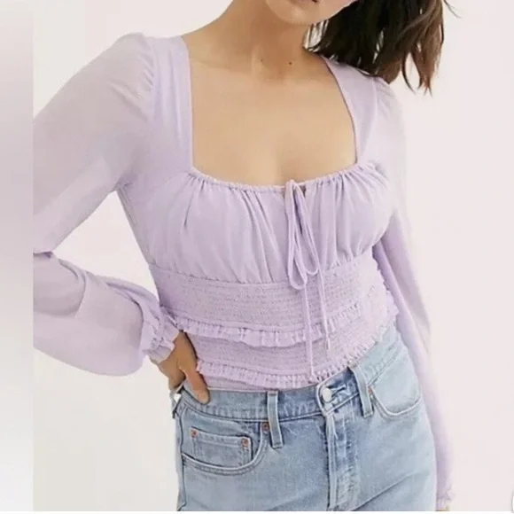 Free People Lolita Top Lavender‎ Purple Sheer Long Sleeve Ruffle Smocked Medium - Picture 11 of 11